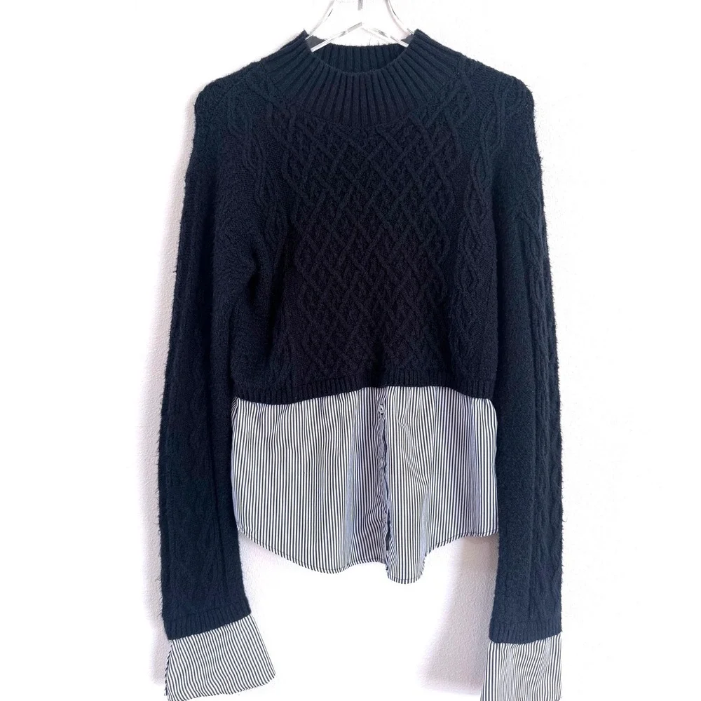 Maeve by Anthropologie Navy Cable-Knit Layered Sweater with Striped Shirt Hem - Picture 2 of 4